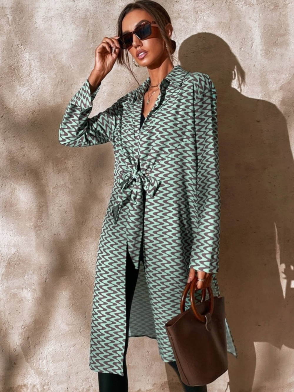 Zara The Lissie Shirt Printed Long Sleeve Tie Front Tunic Blouse Size XS NWT